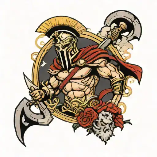 make me a tattoo with a spartan and the Gods of olympus in the background with a cloudy weather  tattoo design idea