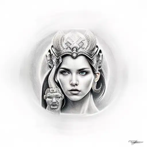 Niké godess with her fist in the air, underneath is perseus holding a severed head in his hand tattoo design idea