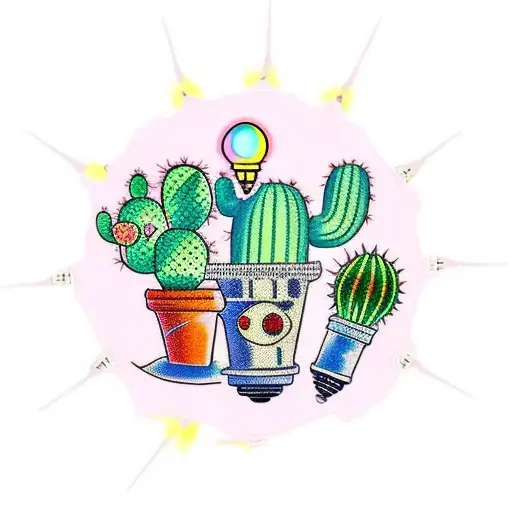 A traditional style tattoo of a cactus surrounded by glowing light bulbs tattoo design idea