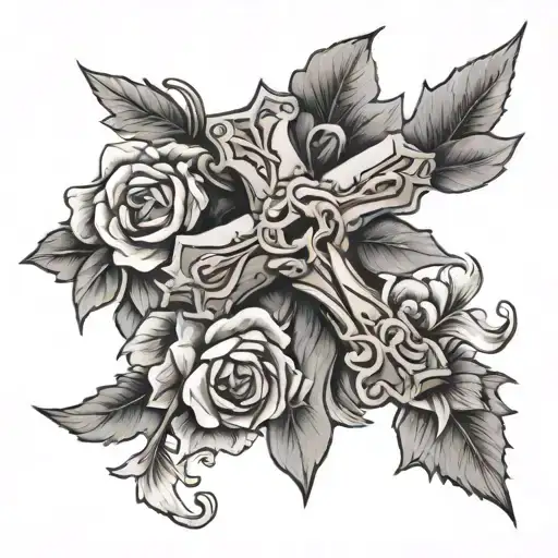 cross with march birth flower and breast cancer symbol  tattoo design idea