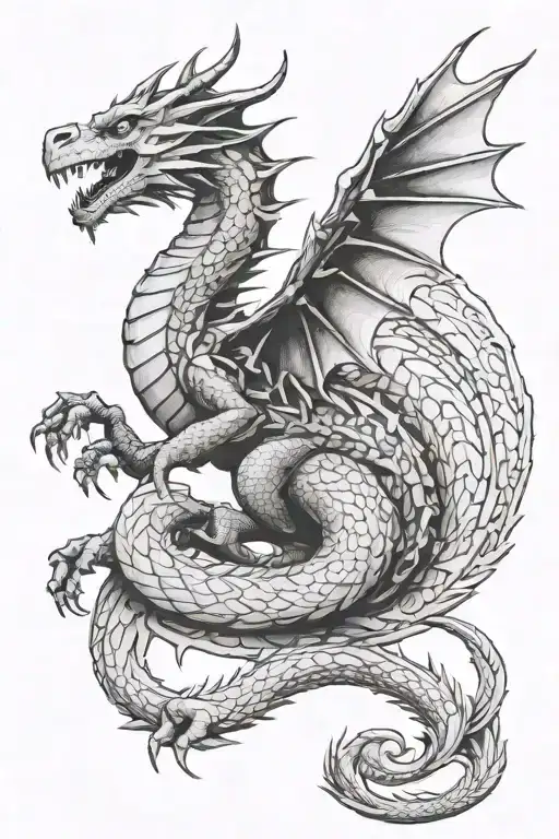 black and white medieval fantasy dragon in gothic style alternative  tattoo design idea