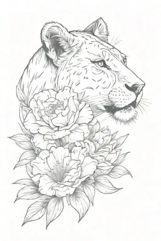 carnation, lioness, cub, snowdrop flowers tattoo design idea