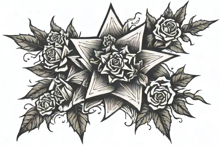 Goes along the collarbones. Thorns and flowers. Star between collarbones tattoo design idea