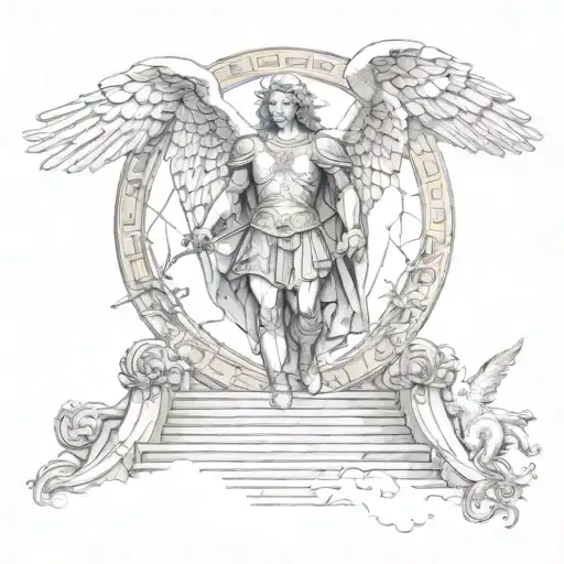 Archangel Michael caring a soul to heavens gates with stairs tattoo design idea