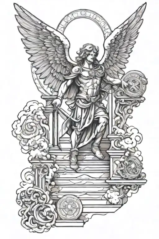 Archangel Michael caring a soul to heavens gates with stairs tattoo design idea