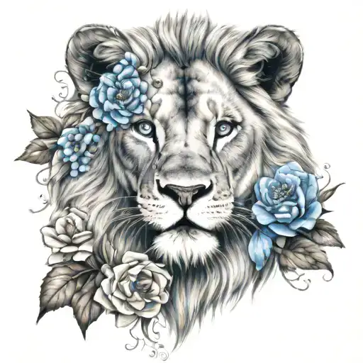 lion head with blue eyes surrounded by flowers tattoo design idea