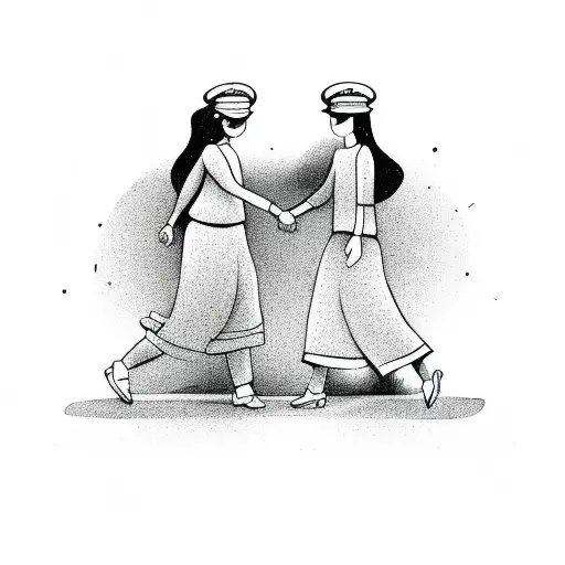 two girls from behind shaking hands cartoon style tattoo design idea