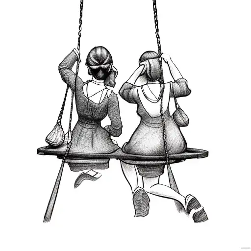 two sisters with their backs turned on a disney style swing tattoo design idea