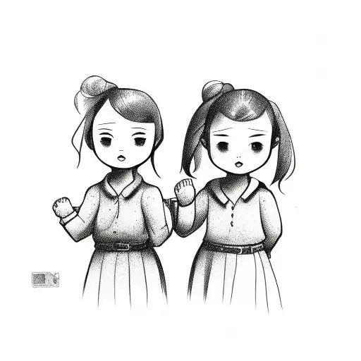 two girls from behind shaking hands cartoon style, tattoo tattoo design idea