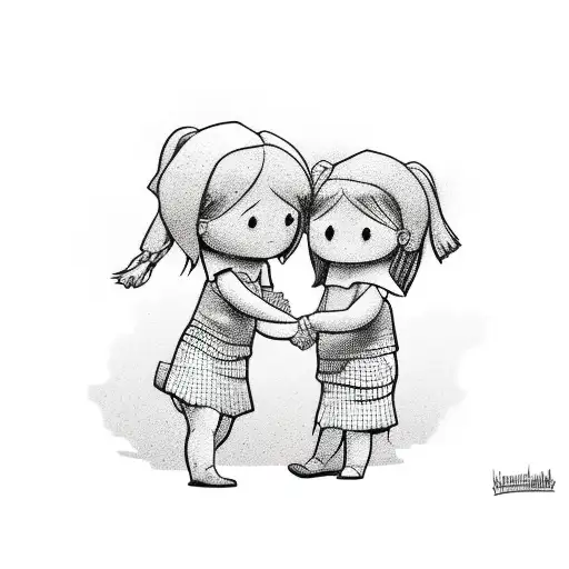 two girls from behind shaking hands cartoon style, tattoo tattoo design idea