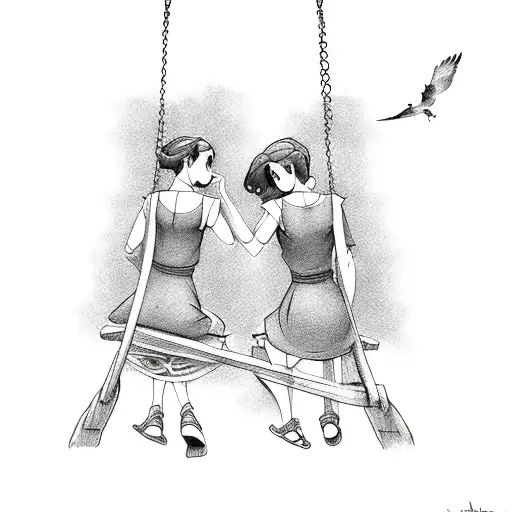 two sisters with their backs turned on a disney style swing tattoo design idea