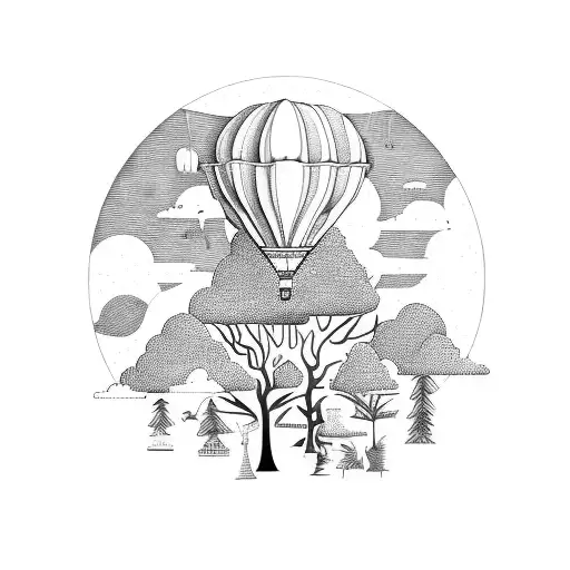 A surreal landscape with a hot air balloon floating above a psychedelic forest tattoo design idea