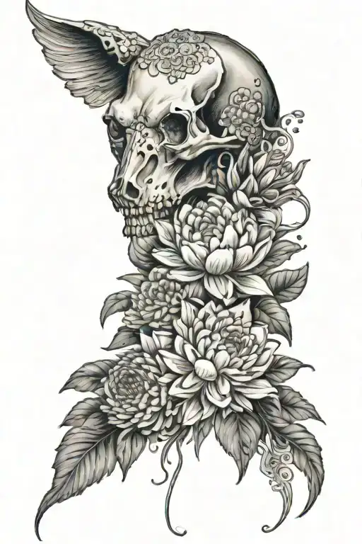 An intricate sleeve tattoo incorporating water lilies, carnations, and asters with cow skulls scattered throughout tattoo design idea