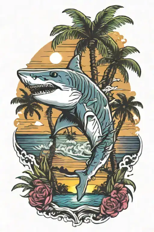 Philippines jypney palm trees colors sunset background shark jaw around knee  tattoo design idea