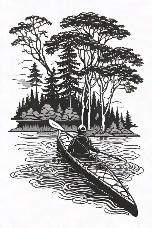 Kayak silhouette surrounded by treeline sleeve tattoo design idea