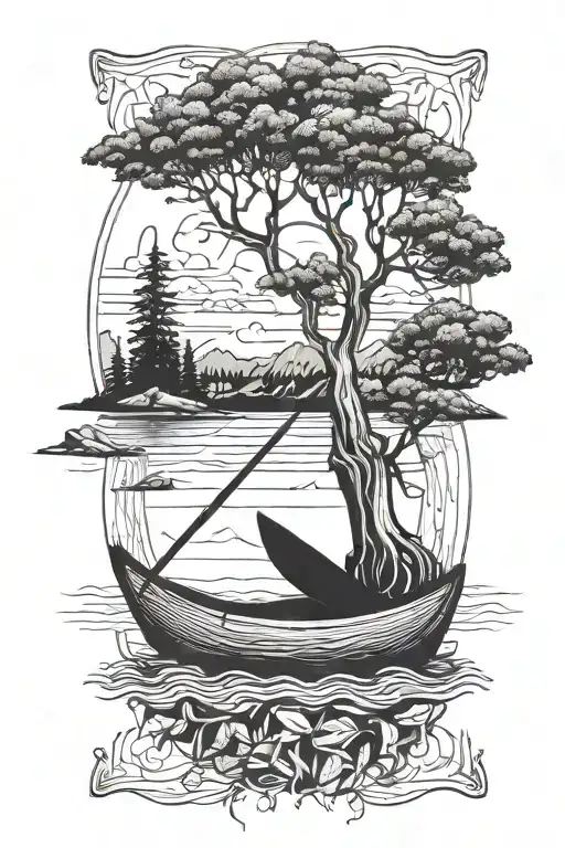 kayak and tree and river mountain hammock tattoo design idea