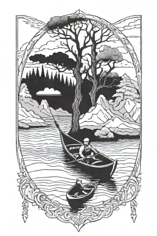 kayak and tree and river mountain hammock tattoo design idea