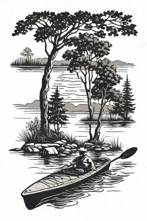 kayak and river silhouette with tree background black tattoo design idea
