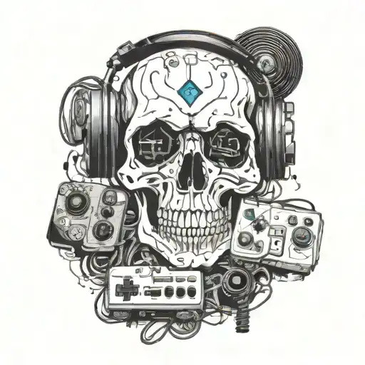 A surreal composition of a skull made entirely of gaming console components and musical instruments tattoo design idea