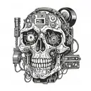 A surreal composition of a skull made entirely of gaming console components and musical instruments tattoo design idea
