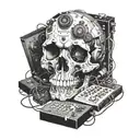 A surreal composition of a skull made entirely of gaming console components and musical instruments tattoo design idea