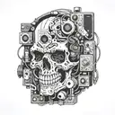 A surreal composition of a skull made entirely of gaming console components and musical instruments tattoo design idea