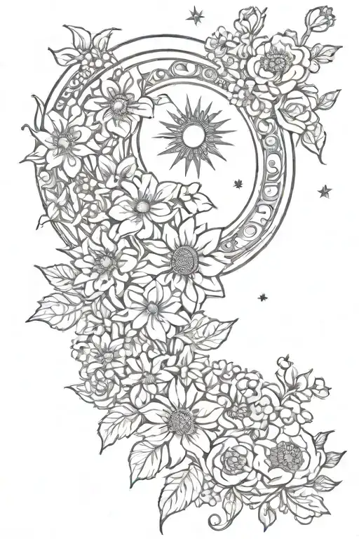 crescent moon, flowers and sun tattoo design idea