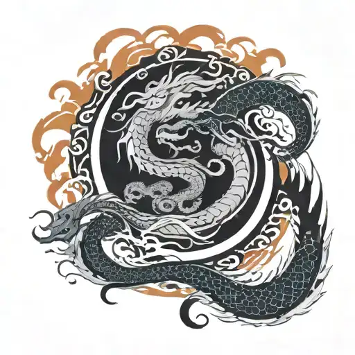dragon around yin yang in the form of fire and water tattoo design idea