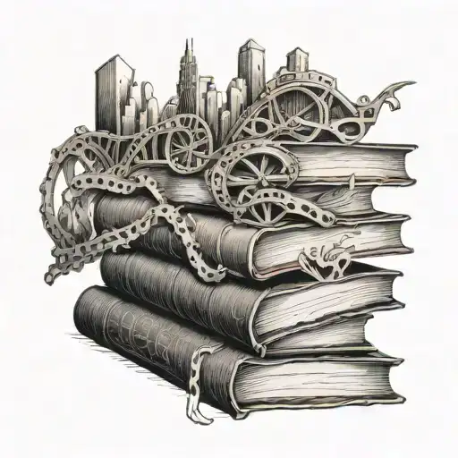 A stack of books with a roller coaster track weaving through them tattoo design idea