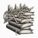 A stack of books with a roller coaster track weaving through them tattoo design idea