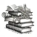 A stack of books with a roller coaster track weaving through them tattoo design idea
