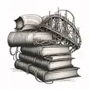 A stack of books with a roller coaster track weaving through them tattoo design idea