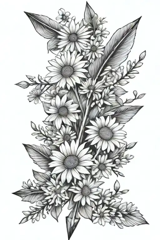 long arrow with daisy and aster flower bouquet tattoo design idea