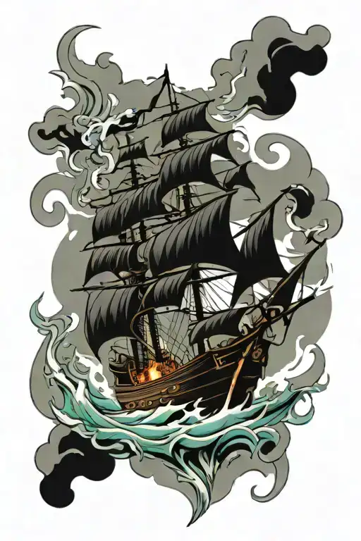 burning ship tattoo design idea