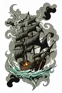 burning ship tattoo design idea