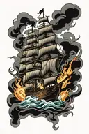 burning ship tattoo design idea