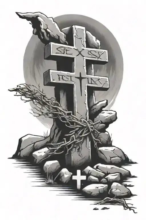 A tomb with the stone rolled away showing 3 crosses inside with the words he is risen at the bottom tattoo design idea