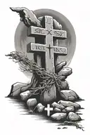 A tomb with the stone rolled away showing 3 crosses inside with the words he is risen at the bottom tattoo design idea