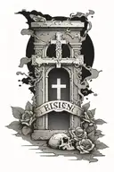 A tomb with the stone rolled away showing 3 crosses inside with the words he is risen at the bottom tattoo design idea