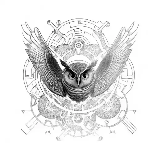 A whimsical owl flying through a maze of gears and cogs tattoo design idea