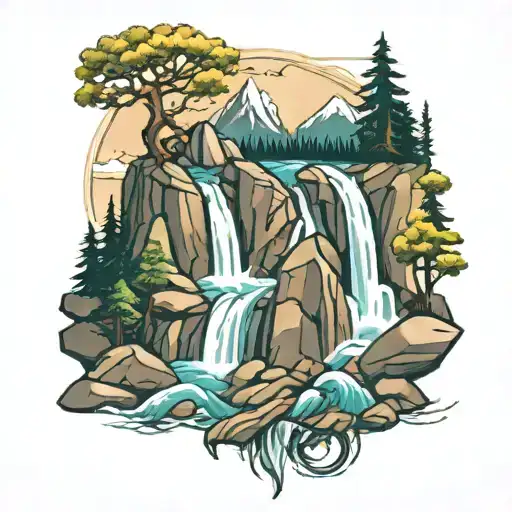 mountain waterfall  tattoo design idea