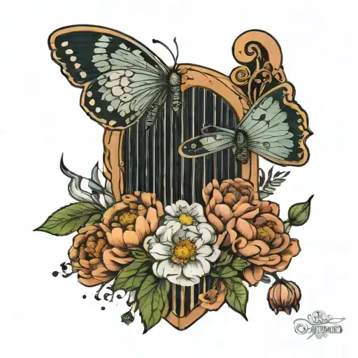 cosmia moth and wooden harp with peonies and poppies carved in, Ursa Major constellation behind harp tattoo design idea