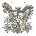 wooden harp with carved symbols, peonies and poppies, Ursa Major constellation tattoo design idea