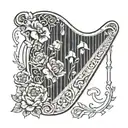 wooden harp with carved symbols, peonies and poppies, Ursa Major constellation tattoo design idea