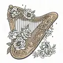 wooden harp with carved symbols, peonies and poppies, Ursa Major constellation tattoo design idea