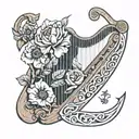 wooden harp with carved symbols, peonies and poppies, Ursa Major constellation tattoo design idea