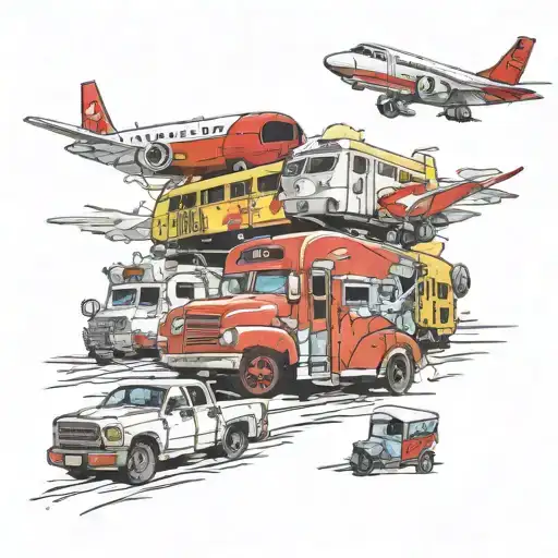 A trav mural including various modes of vacation vehicles including: an airplane, a train, a red truck and white trailer tattoo design idea