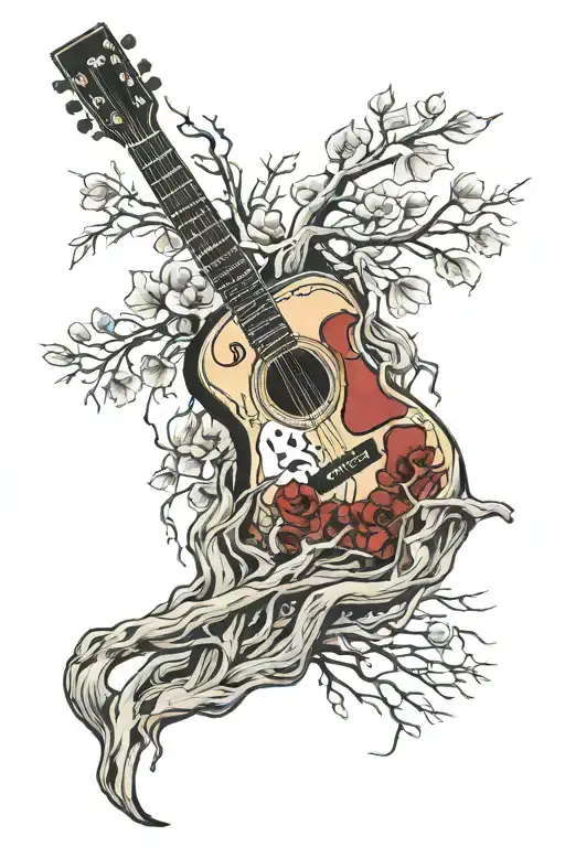 last of us guitar surrounded by red fungus growth intertwined tattoo design idea
