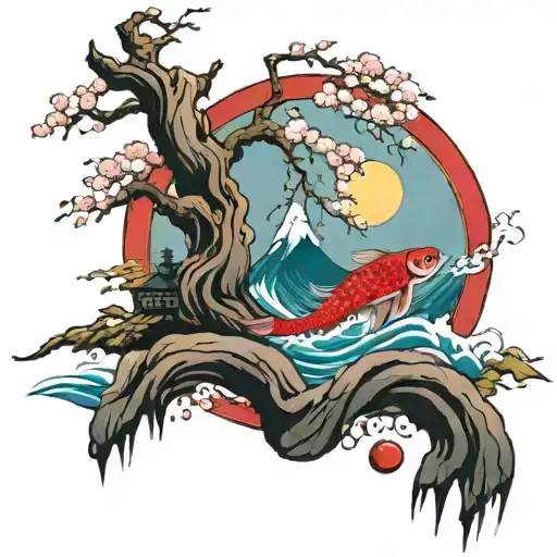 cherry blossom tree, a coi fish jumping thru a tsunami wave, with mountain everst in thebackgroud with medusa red sun tattoo design idea