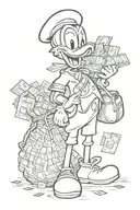 Donald Duck with bags of money and coins tattoo design idea